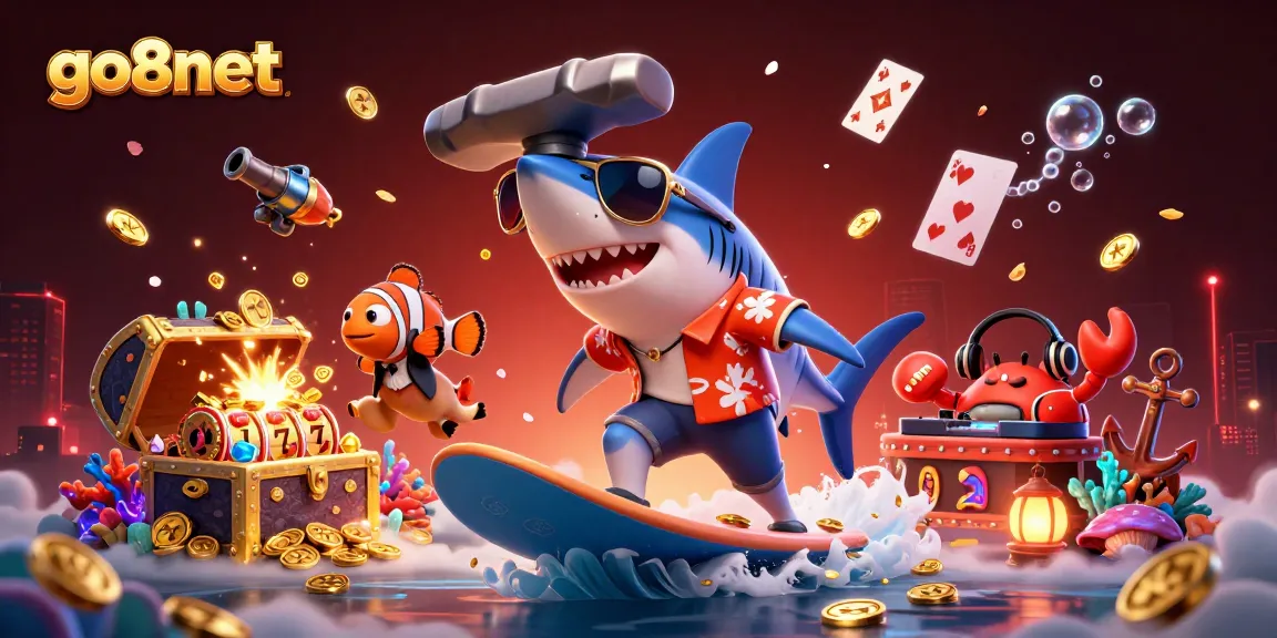 Experience thrilling gameplay at go8net with a vibrant 3D illustration featuring a hammerhead shark surfing on gold coins.