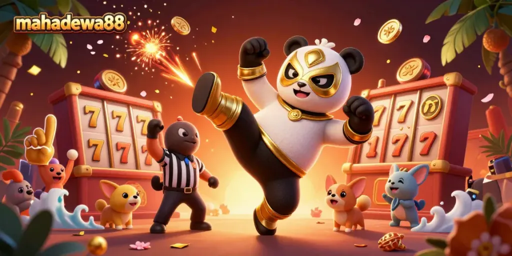 Experience thrilling gameplay with mahadewa88 as a panda wrestler kicks into action amid vibrant casino visuals.