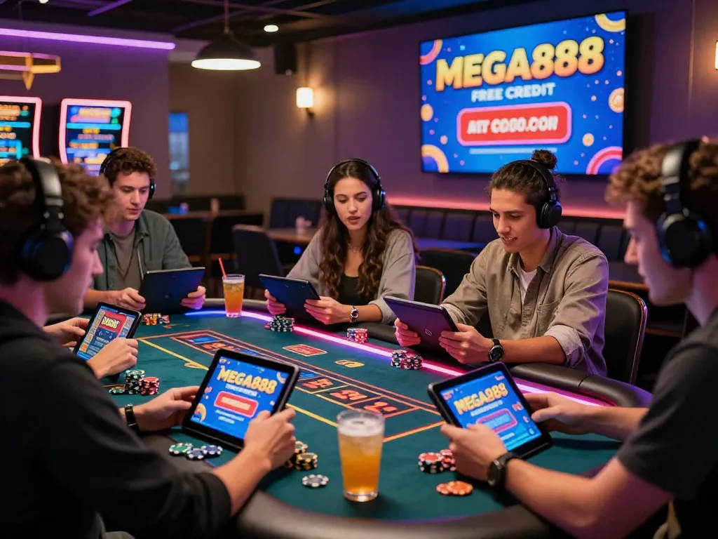 Dynamic gaming lounge scene with players engaging in Mega888 free credit promotions, vibrant atmosphere, neon lights, and shared strategies.