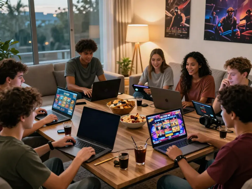 A group of friends enjoying akunjp online gaming in a lively living room.