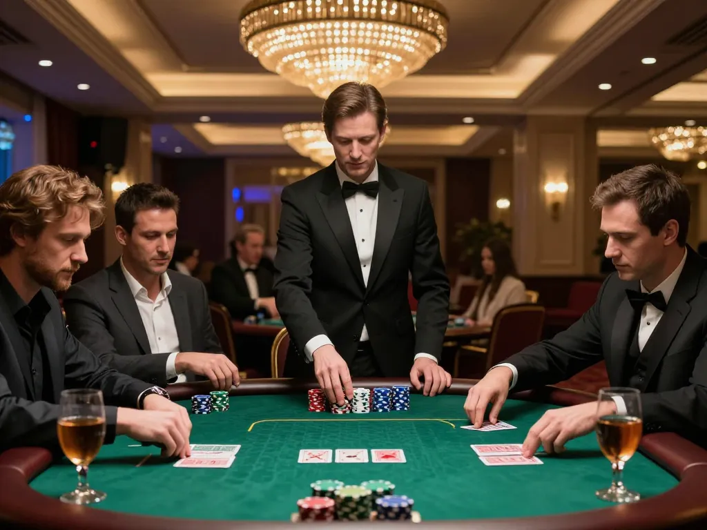 Players engaging in a high-stakes poker game at cm88viet, with dramatic lighting and focused expressions