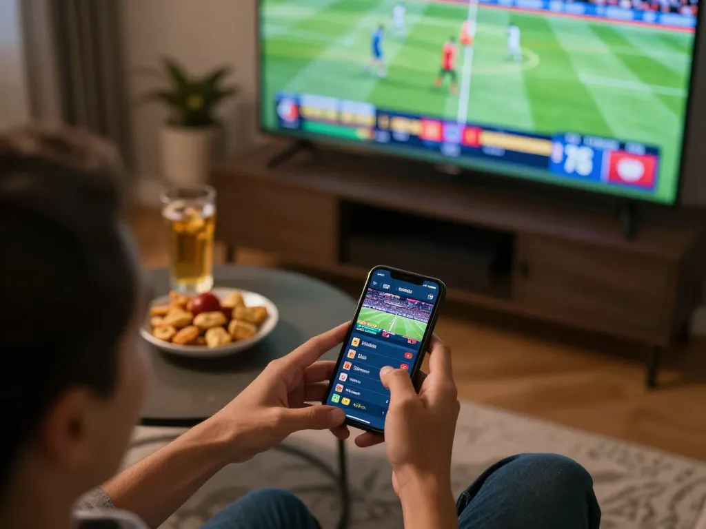 Engaging in ดูหนังออนไลน์ฟรี while enjoying sports betting at home, smartphone displaying live bets and sports events.