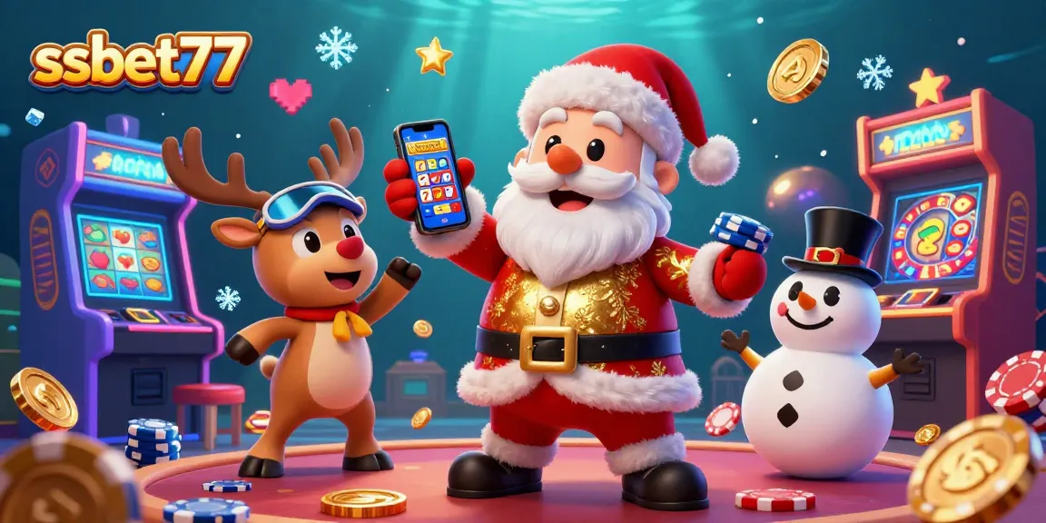 Engage with ssbet77's thrilling slot experience featuring Santa, his reindeer, and a snowman in a festive casino scene.