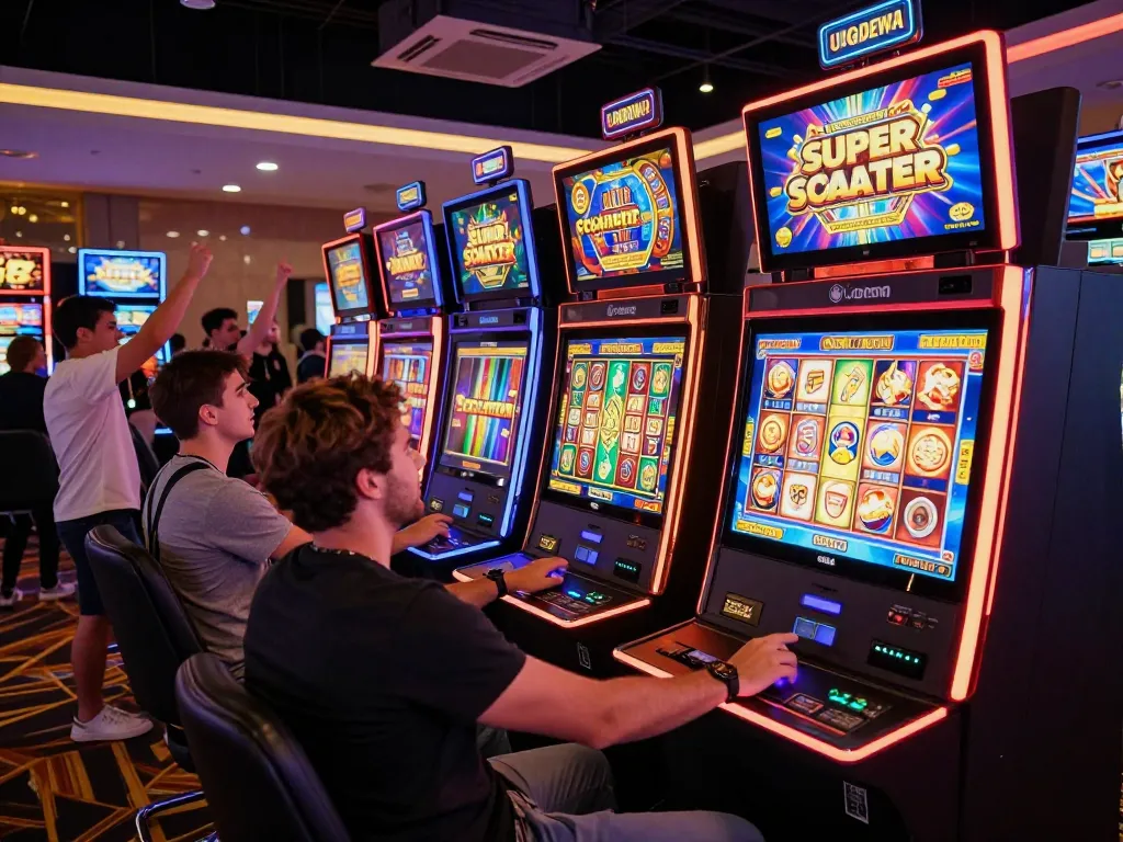 Players enjoying Pragmatic Play Super Scatter slots at UGDEWA casino, highlighting vibrant games.