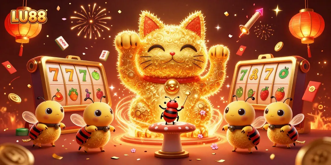 Experience winning with LU88's enchanting lucky cat illustration amidst vibrant casino symbols.