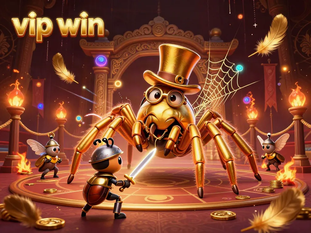 Experience the thrill of vip win at a lively casino with a giant tarantula and beetle knight.