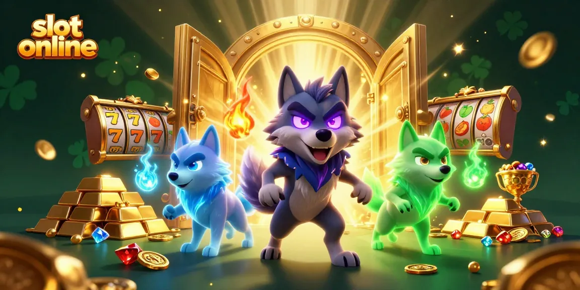 Experience slot online magic with a dynamic 3D wolf scene, showcasing treasures and gaming excitement.