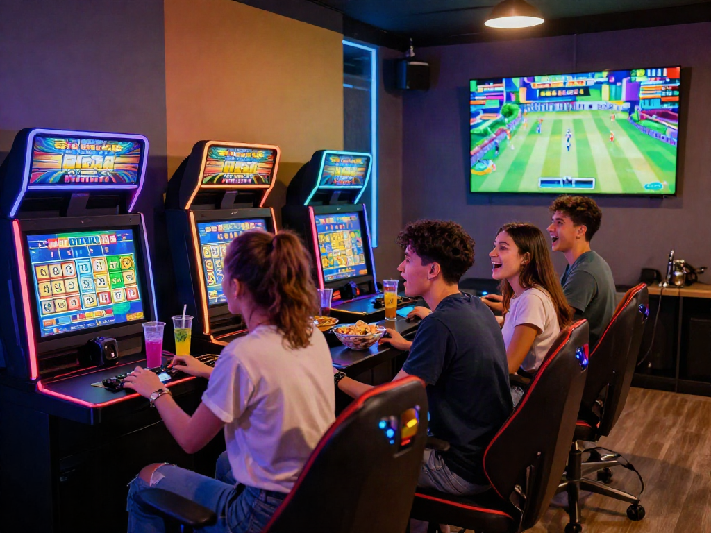 Friends excitedly playing toto slot in a vibrant gaming lounge.