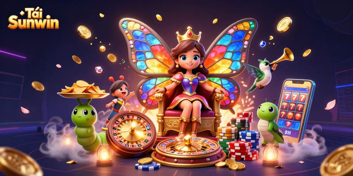 Win big with Tải Sunwin's vibrant casino-themed illustration showcasing multiple games and characters.