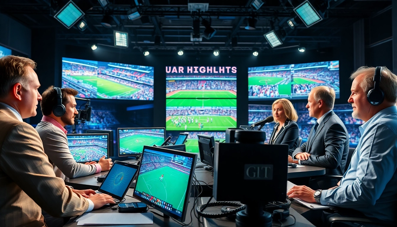 Sports Broadcasting lively discussion among diverse commentators in a modern studio setting.