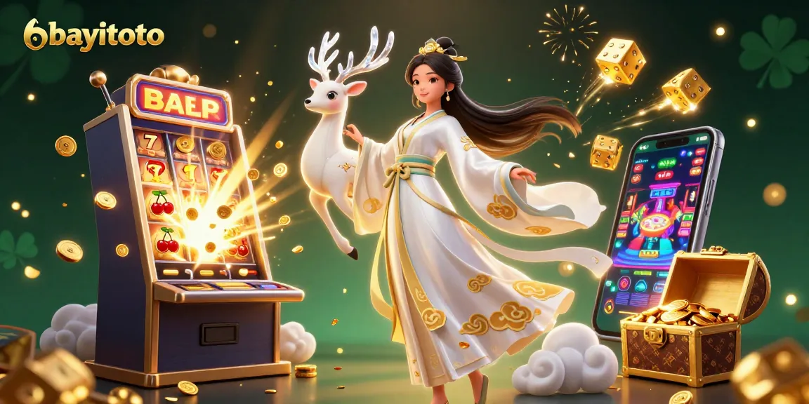 Experience the excitement of bayitoto with a vibrant scene of a slot jackpot explosion and stunning characters.