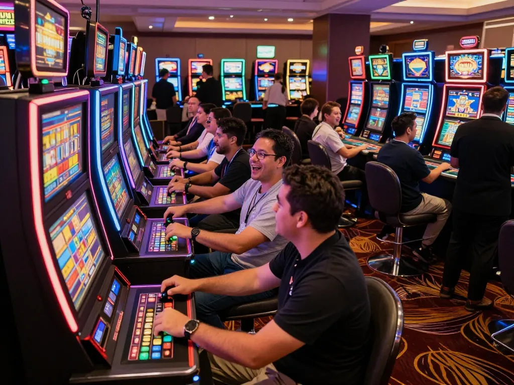 Players enjoying the thrill of casinos not on Gamstop with vibrant slot machines and engaging environment