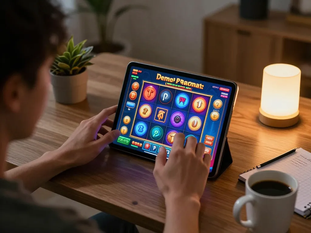 Playing Demo Slot Pragmatic with excitement in a cozy home setup featuring colorful reels and warm lighting