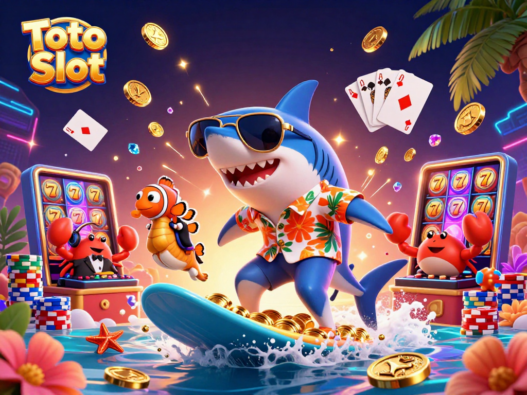 Toto Slot gameplay featuring an energetic hammer-head shark surfing waves of gold coins with vibrant elements.