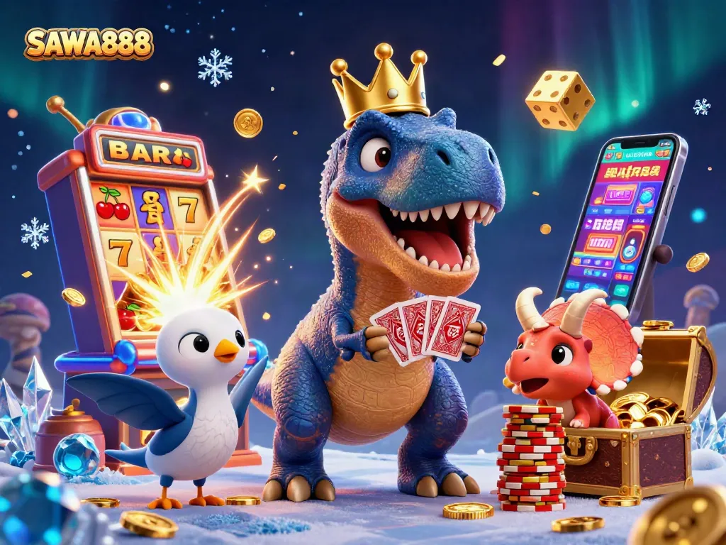 Experience thrilling gaming action at SAWA888 with a cartoon T-Rex playing cards amid casino excitement.