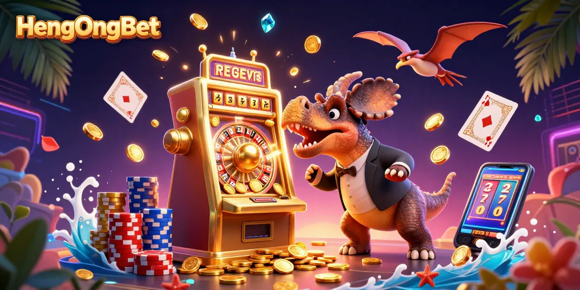 HengOngBet showcases exciting casino action with a dinosaur themed jackpot slot winning dynamic scene.