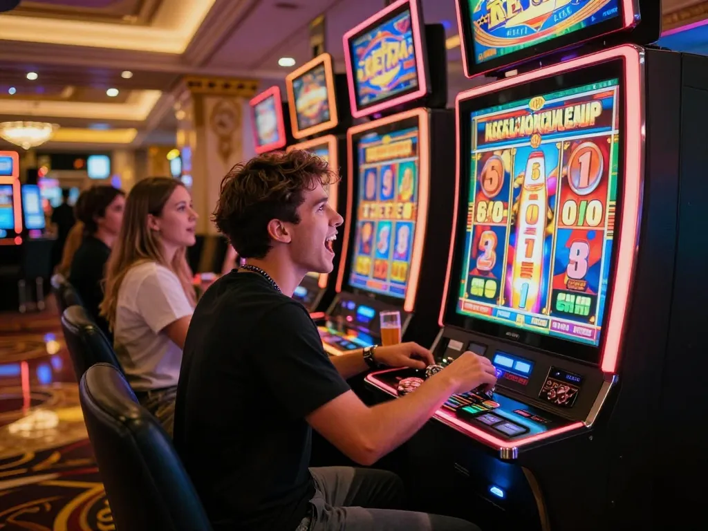 situs slot player excitedly hitting jackpot at vibrant Vegas casino slot machine