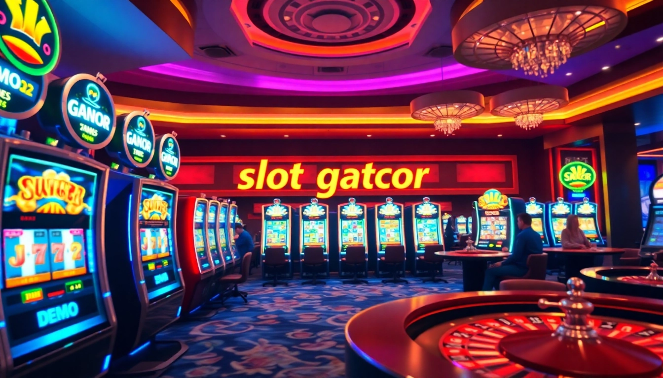 Experience the thrill of a slot gacor demo with vibrant casino visuals and excited players.