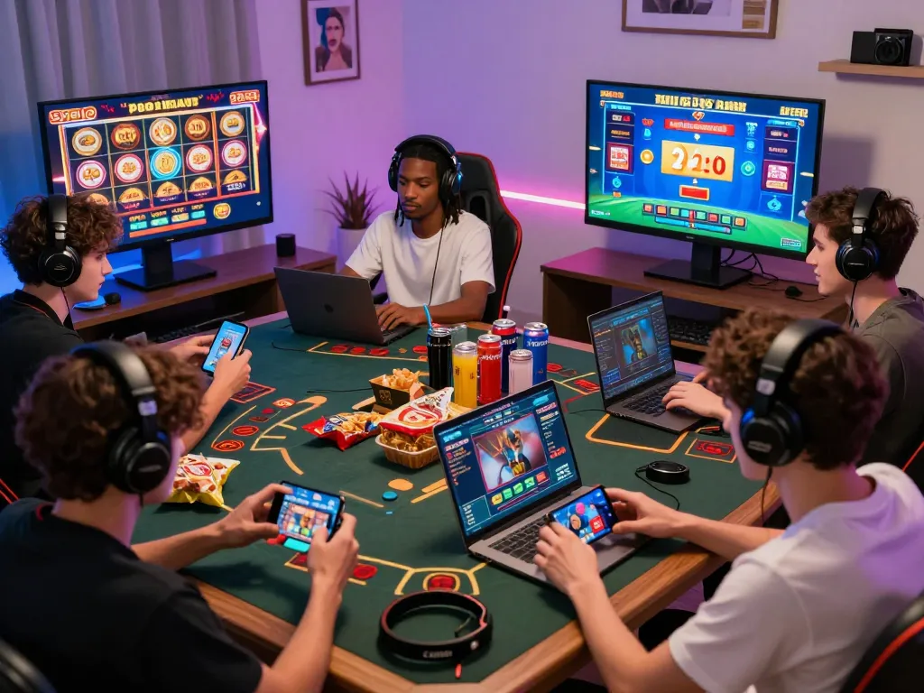 Players engaging in diverse online gambling activities at home with vivid graphics and modern gaming accessories, highlighting gi8’s exciting environment.