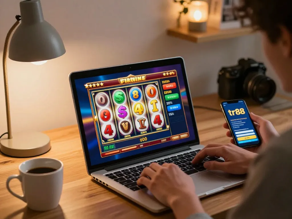 Player enjoying thrilling tr88 slot game on laptop with colorful reels spinning.