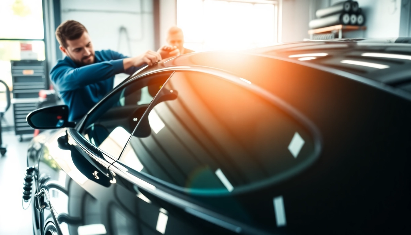 Applying ceramic window tint on modern car windows for enhanced UV protection.