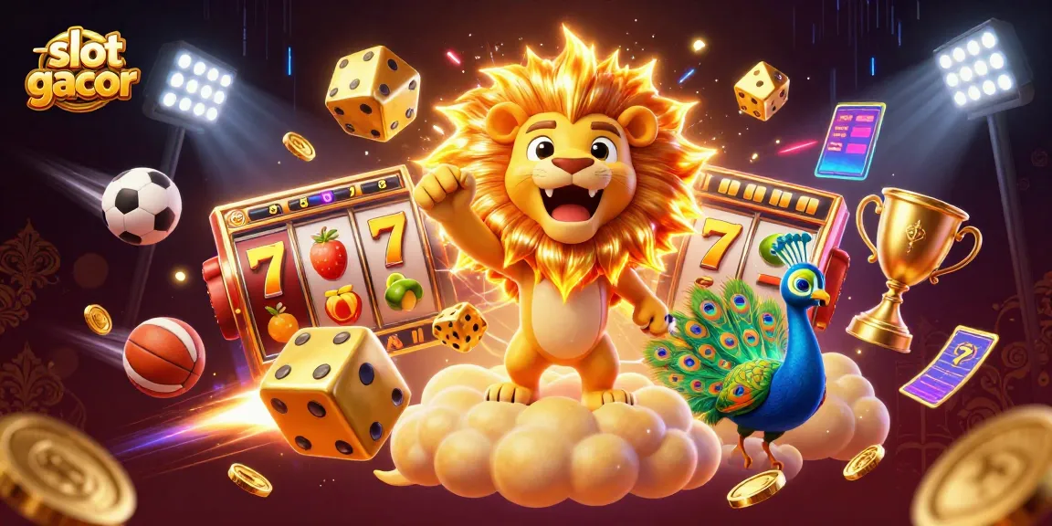 Slot gacor memperlihatkan singa matahari 3D yang memukau dengan dadu emas, simbol keberuntungan, dan koin emas bertebaran.