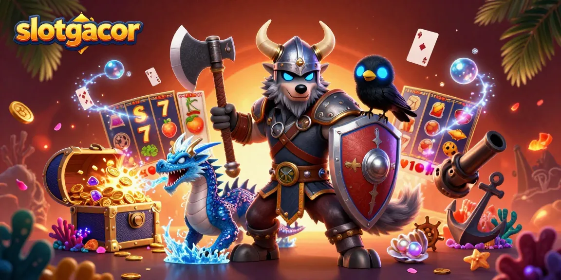 Engage with slotgacor and witness animated Viking warrior, dragon, and elements creating a vibrant casino scene.