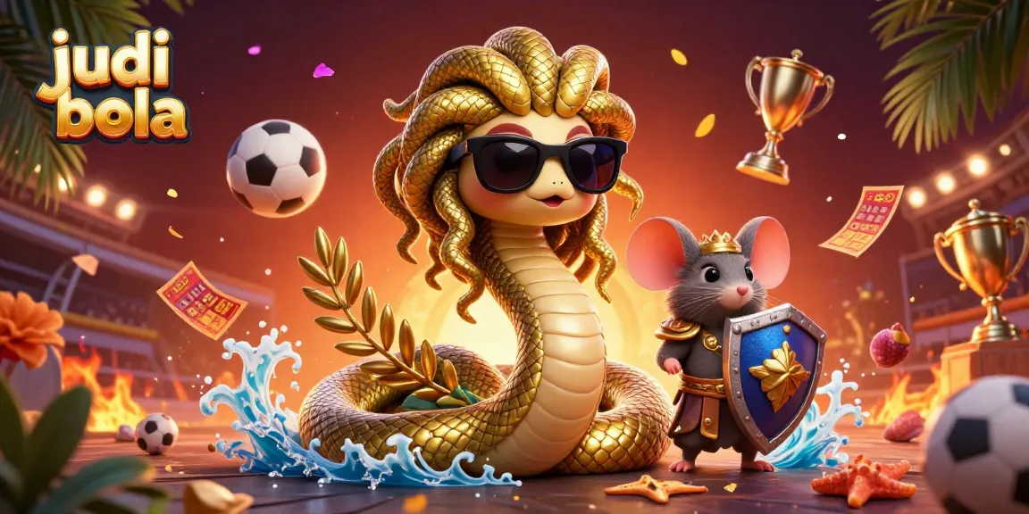 Bet on judi bola with a friendly Medusa and a warrior mouse amid dynamic sports elements.