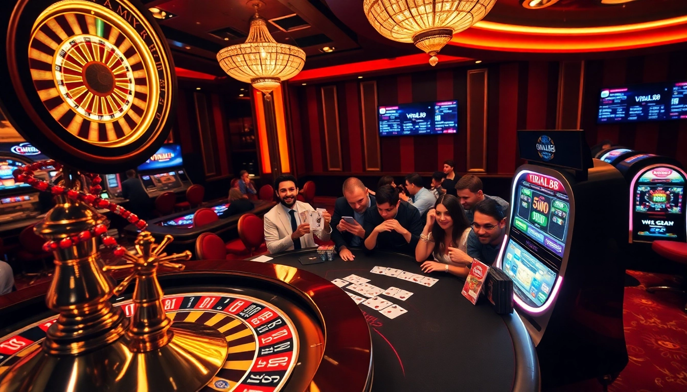 Players enjoying the thrill of win at a vibrant viral88 casino table surrounded by colorful chips.