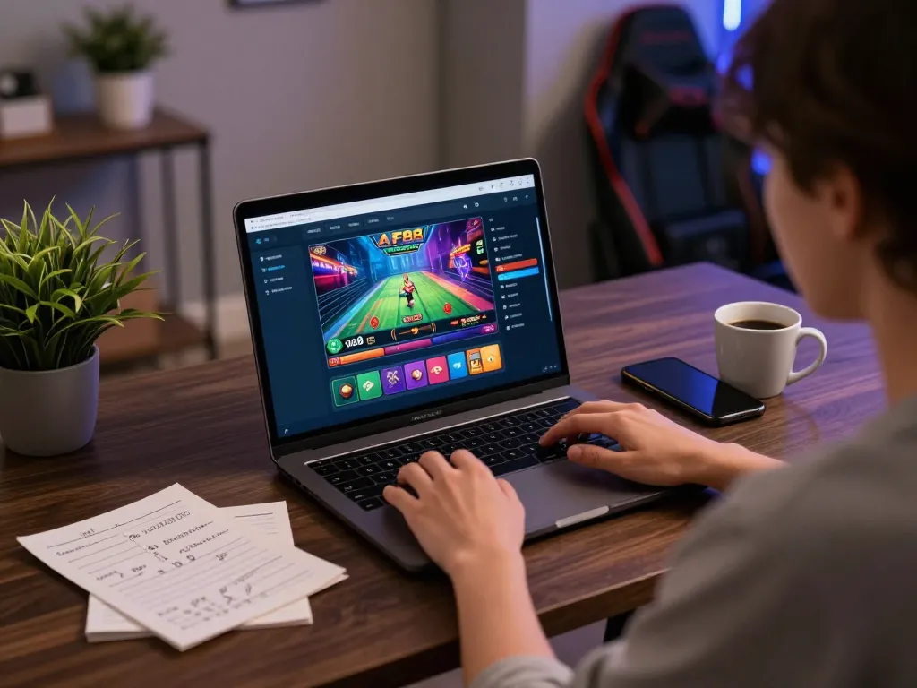 AF88 online gaming with a focused player engaging on a laptop at a stylish home desk.