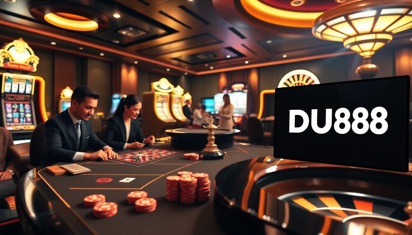 Experience the excitement of DU88 with dealers and vibrant casino elements in a luxurious gaming environment.