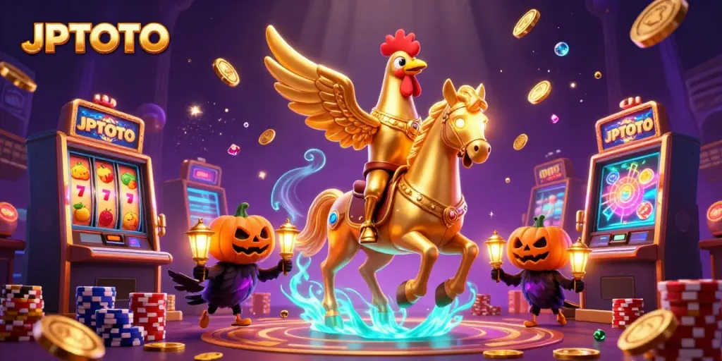 Gambarkan momen seru JPTOTO dengan ayam jantan keemasan di kasino malam yang dipenuhi koin emas.