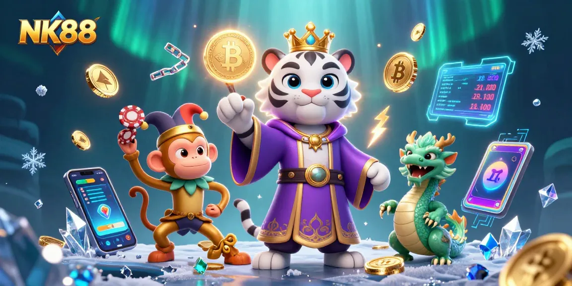 Engage with NK88, where a white tiger, monkey, and jade dragon embody the vibrant casino experience.