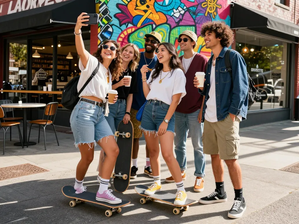 Group of friends showcasing stylish footwear from taka.shoes/collections/frontpage in an urban street setting.