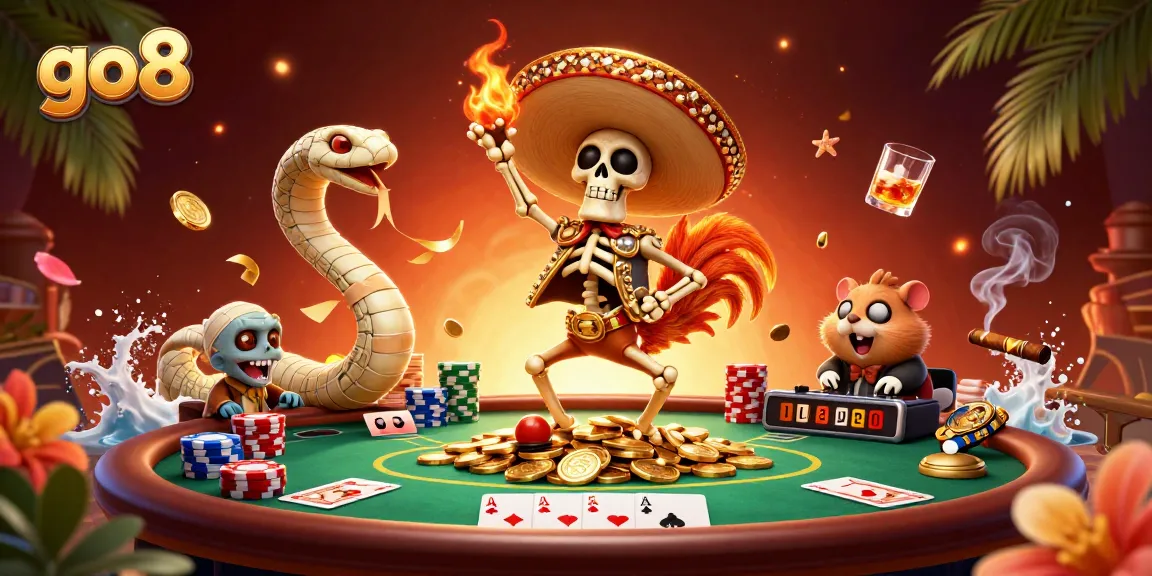 Win big at GO8 with thrilling poker action surrounded by vibrant casino elements.