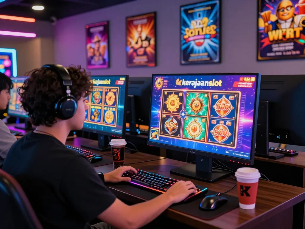 Engaged player enjoying kerajaanslot games in a vibrant online casino setup.