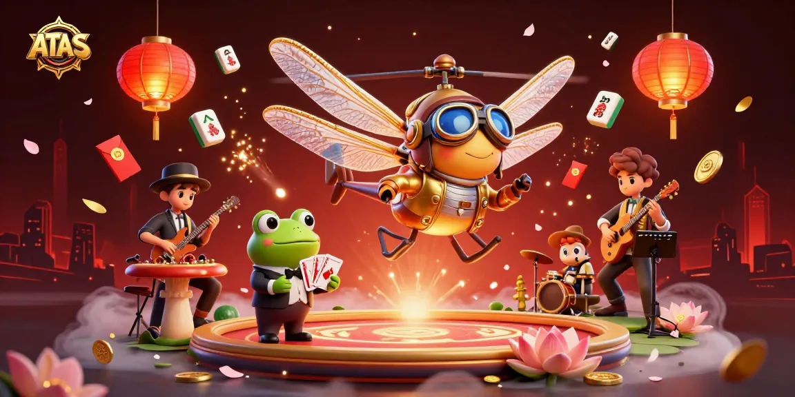 ATAS Casino showcases a vibrant 3D scene with an engaging dragonfly pilot, frog croupier, and jazz musicians.