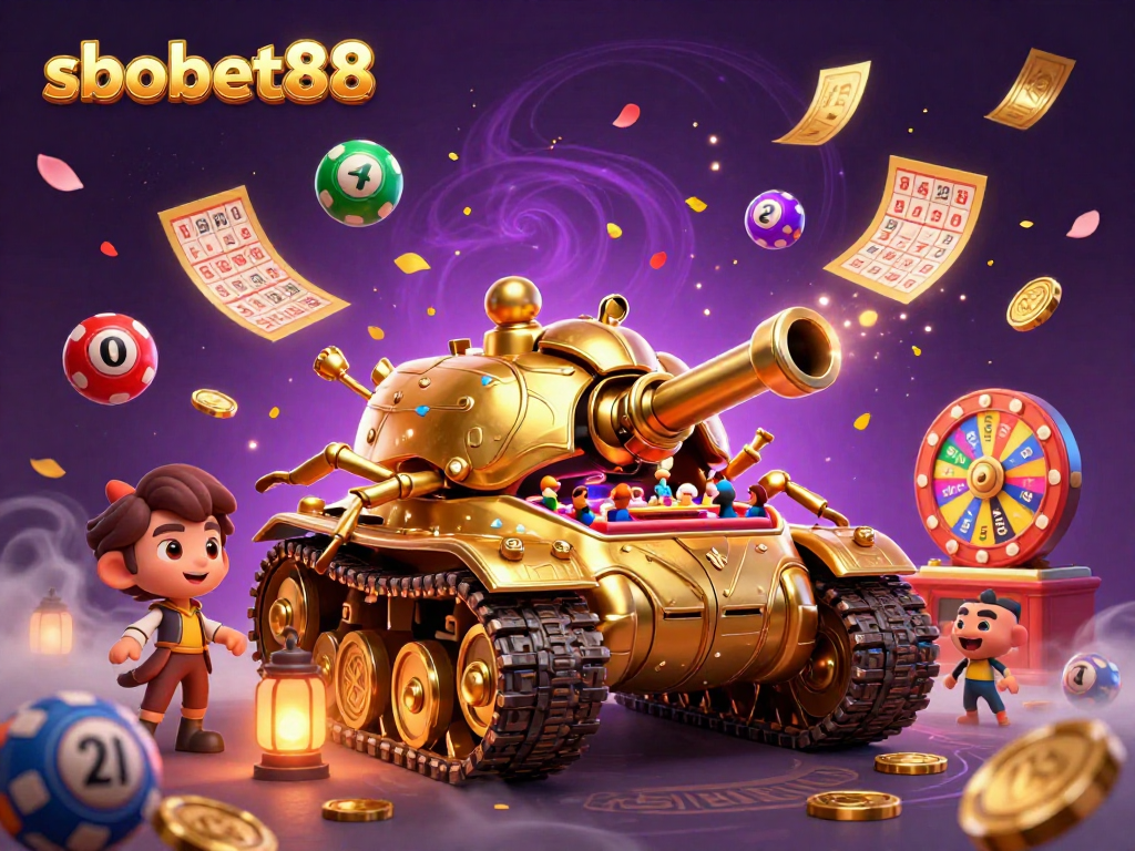Sbobet88 engages players with a dynamic 3D casino scene featuring a golden beetle tank full of excitement.
