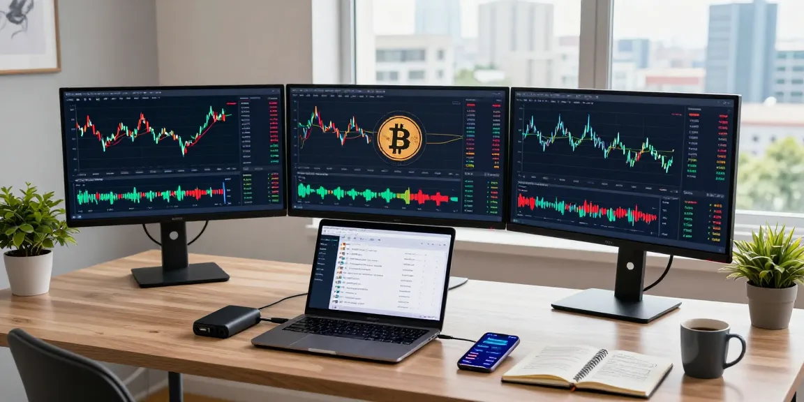 Cricbet cryptocurrency trading setup with monitors displaying Bitcoin charts and DeFi platforms in a modern home office.