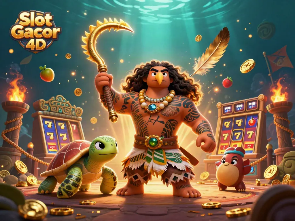 Slot Gacor 4D menampilkan permainan slot dengan karakter demigod, simbol keberuntungan, dan suasana kasino yang menawan.