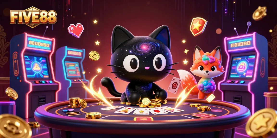 Engage with FIVE88's vibrant cosmic casino scene featuring a black hole cat and colorful fox.