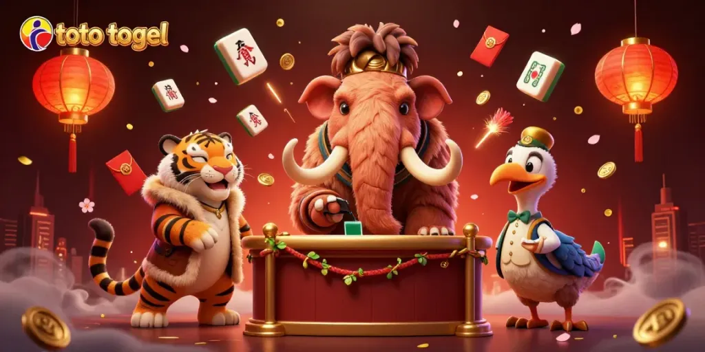 View engaging 3D scene depicting a woolly mammoth and friends celebrating at a toto togel casino, vibrant colors.