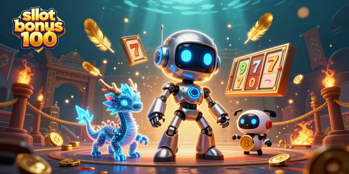 Engage with slot bonus 100 in a vibrant 3D casino scene featuring a cyberpunk robot and golden coins.