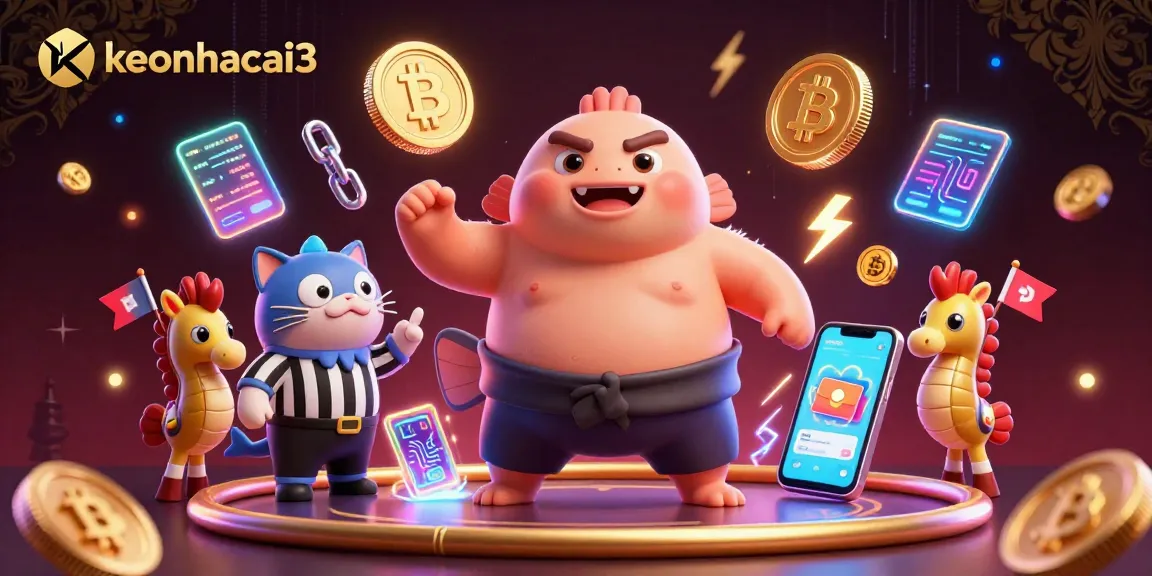 Increase your winning odds with keonhacai3's dynamic betting scene featuring whimsical characters and crypto elements.