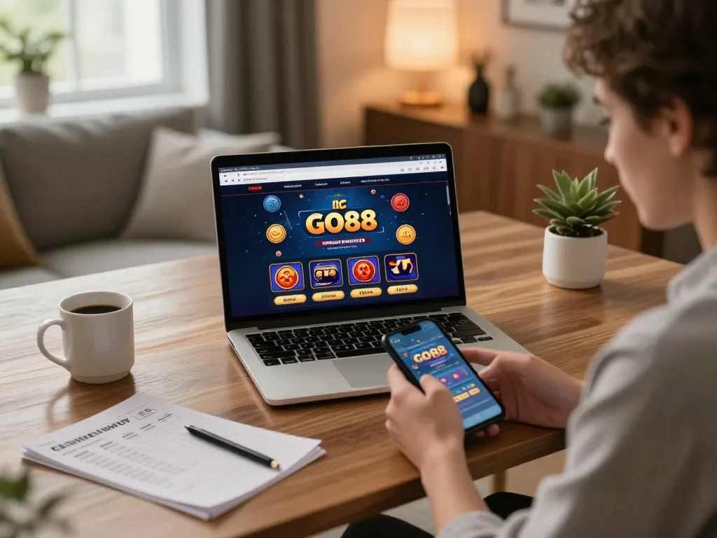 Engaging online gameplay on the GO88 app from a stylish workspace, highlighting excitement in gambling.