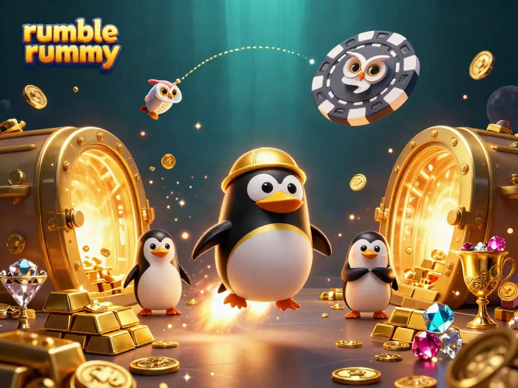 Experience the thrill of rumble rummy as the golden penguin Rockets towards a casino space station, amidst treasures and excitement.