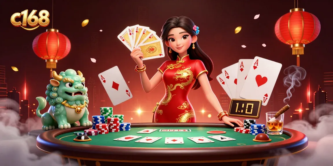 Experience exciting gambling with c168 in this vibrant poker scene featuring a woman in a qipao and playing cards.