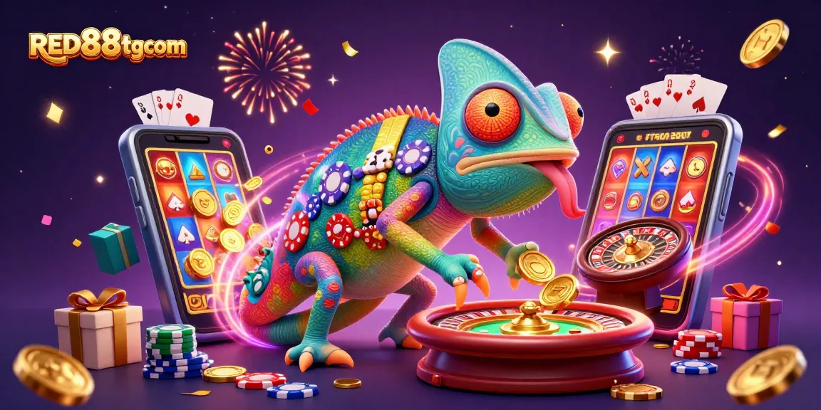 Engage with RED88tgcom's vibrant casino scene featuring a colorful chameleon and dynamic game elements.