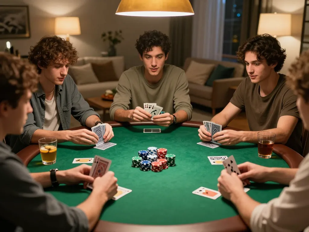 Sorotan malam poker Kenzototo dengan pemain yang terlibat di sekitar meja felt hijau, energi yang vibrant dan permainan yang strategis.