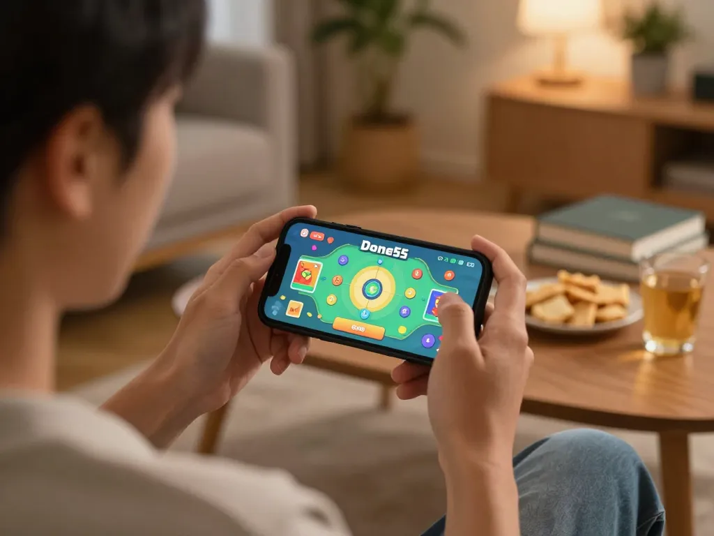 Player engaged with Done55 app on smartphone, showcasing vibrant gaming interface in a cozy home setup